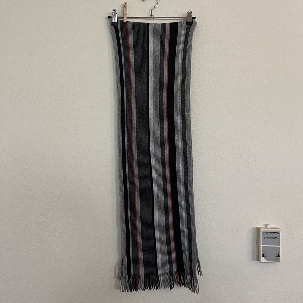 Banana Republic 100% Wool Striped Fringe Knit Gray Red Scarf 70x10